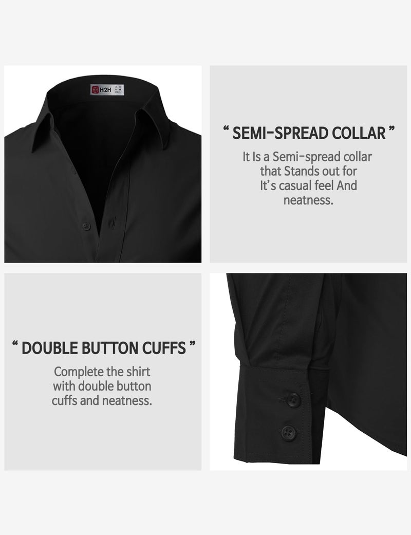 H2H Men's Casual Long Sleeve Stretch Dress Shirt Easy Care Slim Fit Button Down Shirts Black US XL/Asia XXXL (JASK14) - Image 5